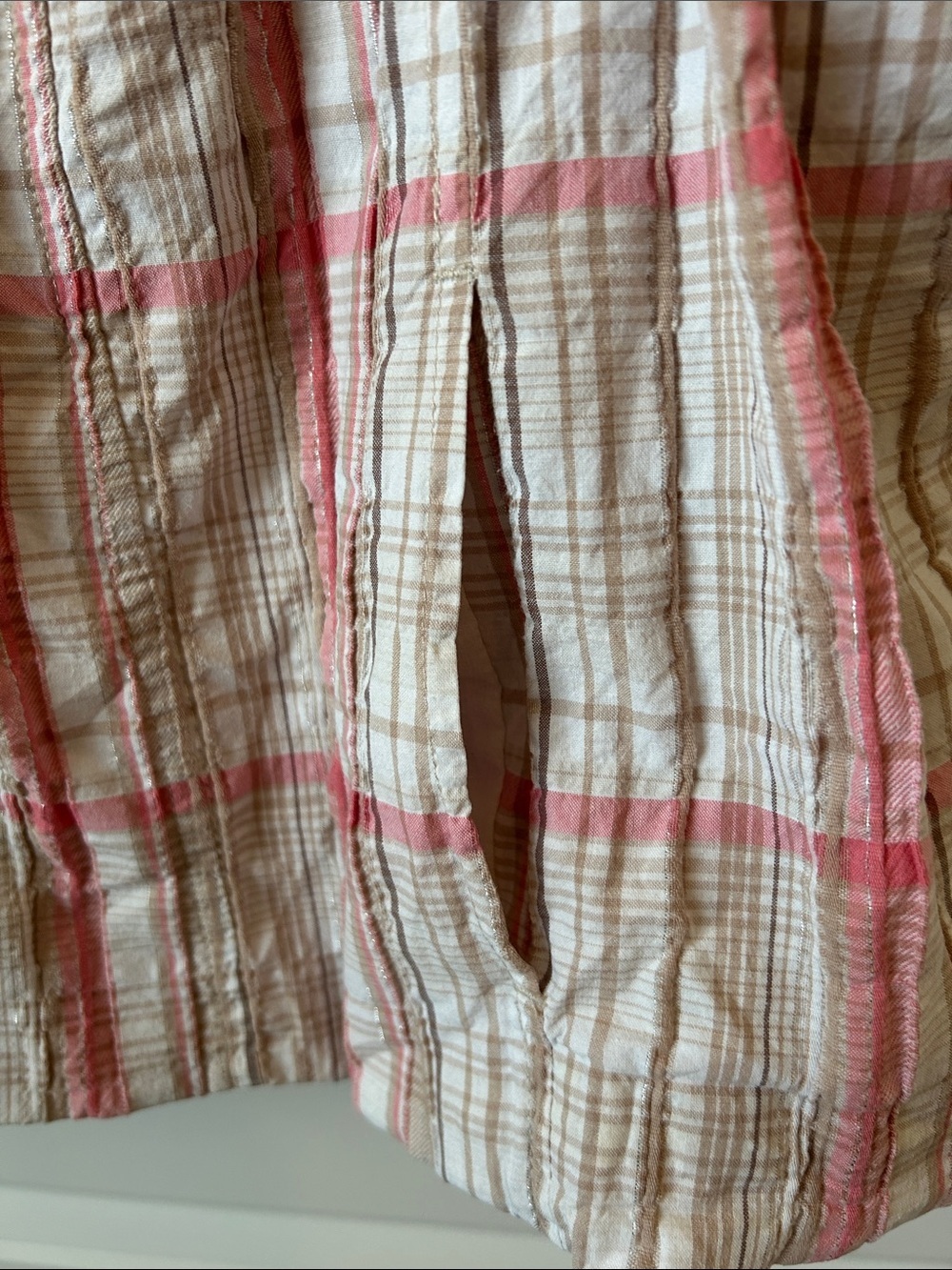 CJ Banks Lightweight Plaid Button-Up Shirt in Cream & Pink 3X - Picture 4 of 11